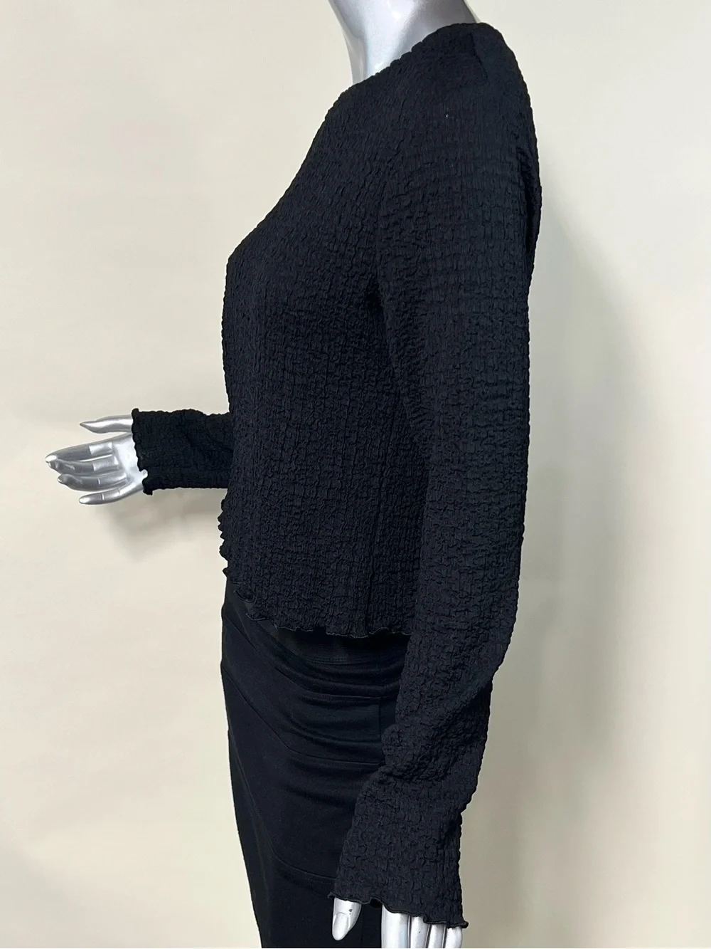 A New Day Women’s Small Textured Long Sleeve Crinkle Blouse Crew Neck Top Black